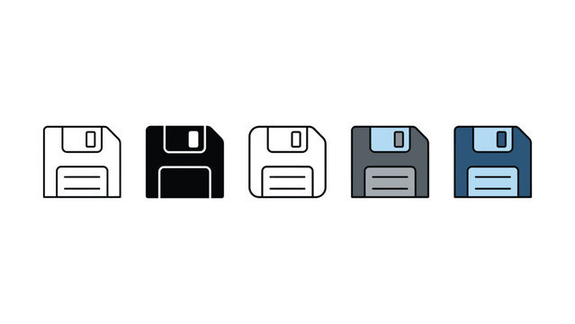 Five different colored floppy disk icons on white background