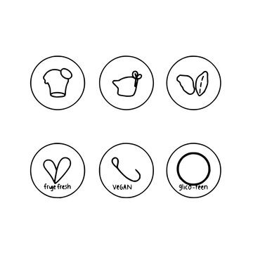 Dietary label icons set with six circular icons arranged in a 3x2 grid featuring sugar-free, fresh, lactose-free, vegan, GMO-free and gluten-free with black and white line art and flat design
