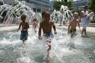 Fototapeta premium Children playing in water fountain, splashing and enjoying summer day in urban park setting