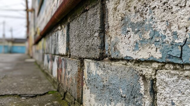 Industrial gray cinderblock surface: close-up of rough masonry textures and light shadows