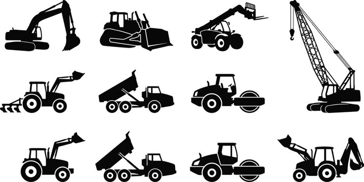 Heavy construction machinery and industrial vehicles black silhouettes set including excavator bulldozer crane and tipper isolated on white background