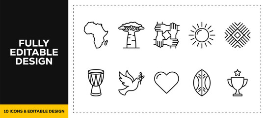 flat vector illustration line art icon bundle set design featuring african continent cultural heritage tribal drums native wildlife and traditional history graphics web UI © HASNA