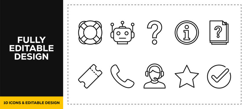 flat vector illustration line art icon bundle set design displaying customer service bot automated assistance contact info and artificial intelligence graphics for web UI