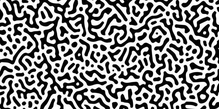 Abstract black and white turing pattern texture background with organic maze like doodle line art shapes and dots. Microbiological, doodle texture, turing style lines