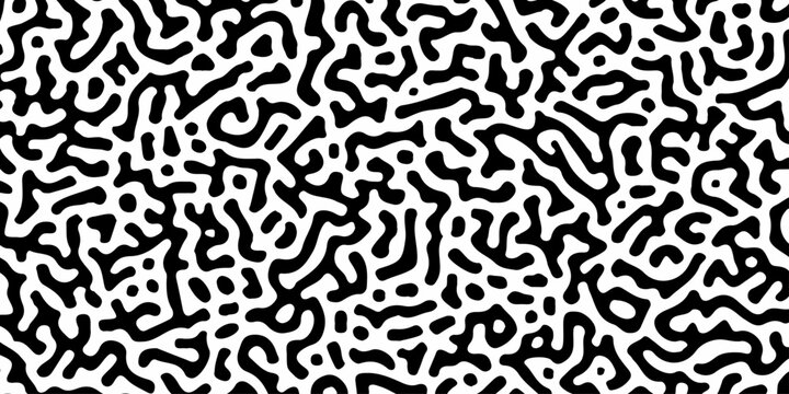 Abstract black and white turing pattern texture background with organic maze like doodle line art shapes and dots. Microbiological, doodle texture, turing style lines