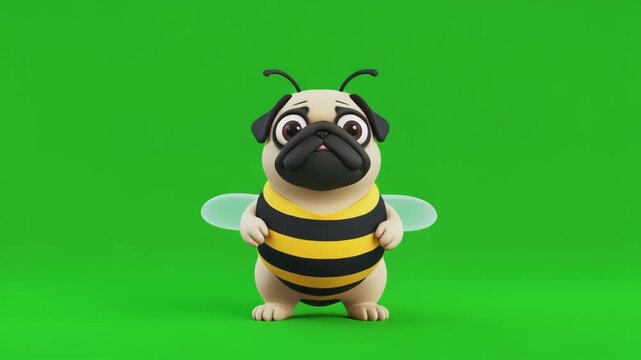 Cute Pug dressed as bee with wings on green screen background in cinematic motion
