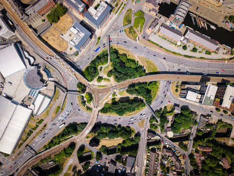 Aerial view directly above the Park Square roundabout in Sheffield city centre