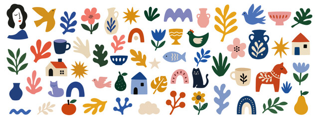 Obraz premium Scandinavian folk art and Matisse inspired vector elements set. Abstract botanical shapes, organic naive silhouettes, flowers, birds, lifestyle icons for modern design
