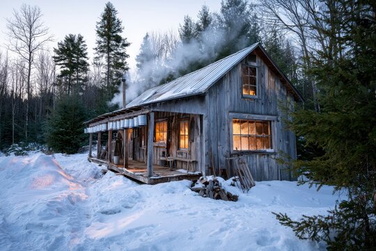 Winter morning at a traditional sugar shack with snow and timber cabin