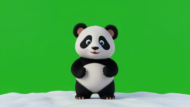 Cute panda character dancing in snow with green screen background for animation