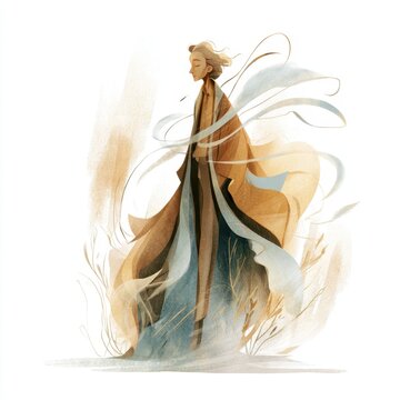 Soft, flowing composition depicting Vata energy in Ayurveda with wind-inspired lines, gentle textures and natural hues
