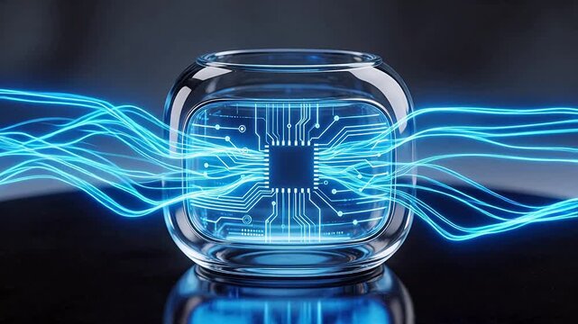Glass container with glowing circuit board