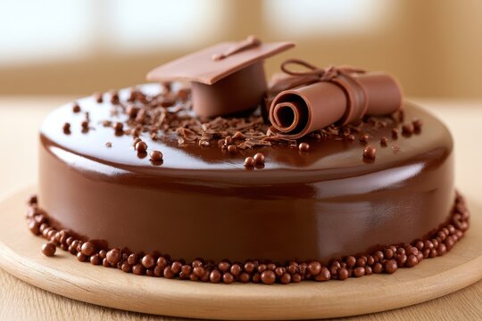 Rich chocolate graduation cake with a fondant cap topper and delicate gold decorations
