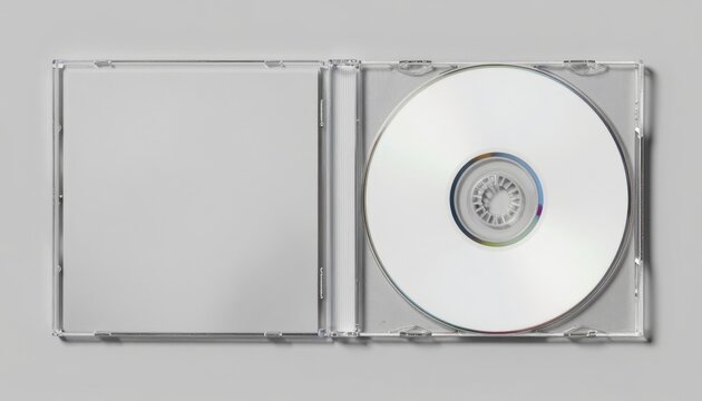 Blank CD case open with single disc, isolated on plain gray background