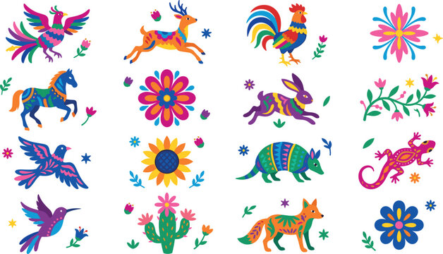 Colorful Mexican Otomi Style Vector Element Set with Traditional Folk Art Animals and Vibrant Botanical Flowers for Cinco de Mayo Graphic Designs and Fiesta Decor