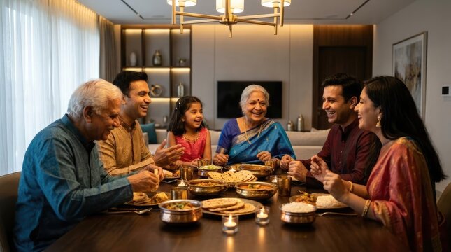 Multigenerational Indian family enjoying traditional dinner
