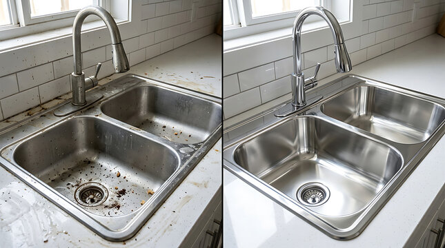 before and after stainless steel sink cleaning showing transition from dirty to spotless bright metal surface in kitchen setting