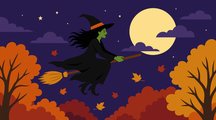 Fototapeta premium Whimsical green witch flying on a broomstick across a luminous full moon, swirling autumn leaves, orange treetops and starry purple Halloween night sky, magical seasonal vector art