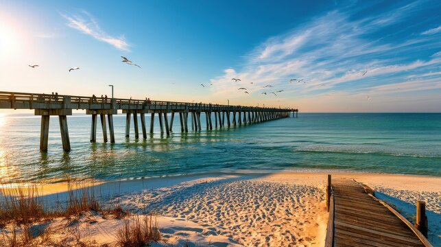 Navarre Beach Pier at sunset over the Gulf of Mexico, Florida Panhandle