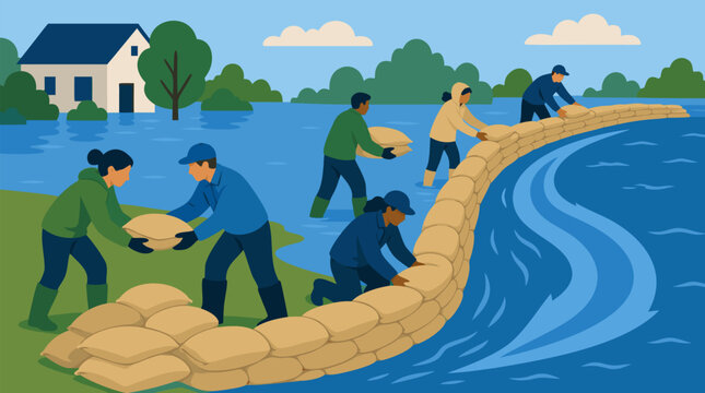 Community workers stacking sandbags to redirect rising floodwater, building an emergency barrier near homes for climate resilience, disaster response and neighborhood safety vector illustration
