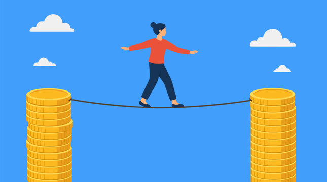 Woman balancing on a tightrope between towering stacks of gold coins, financial risk metaphor for savings, investment stability, budget pressure and economic uncertainty vector illustration