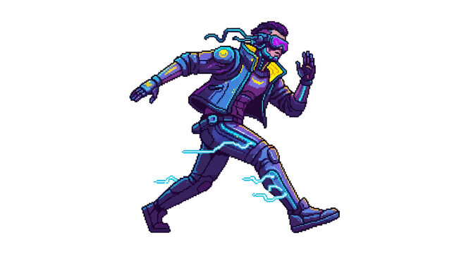 a man wearing a futuristic exosuit runs.