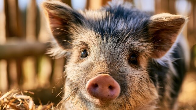 Whiskered kunekune pig with soft focus farm background