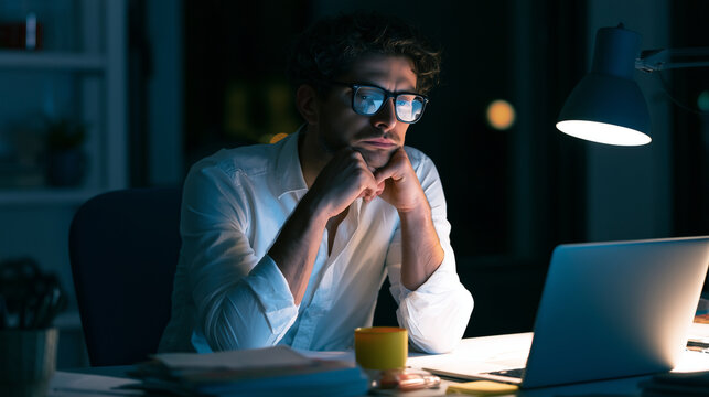 Young entrepreneur feeling isolated while chasing success, one man working in the office at night, stressed work, women stressed, working at night hard, later at home, working late