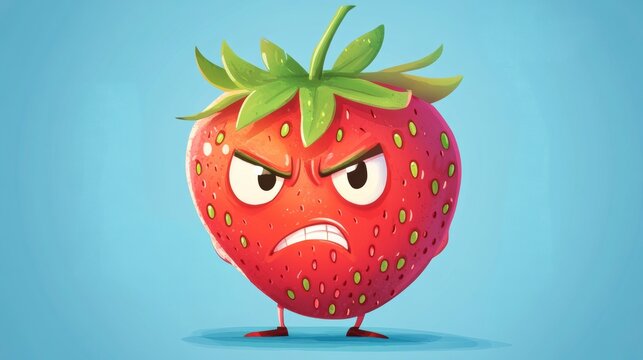 Angry cartoon strawberry with a grumpy expression.