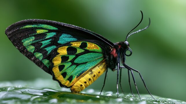 Macro view of a male birdwing butterfly perched on a rainforest leaf, emerald and gold wings in vivid detail