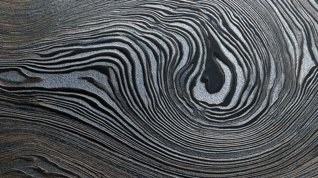 Macro photograph of Damascus steel texture displaying organic swirling ridges reminiscent of natural wood grain
