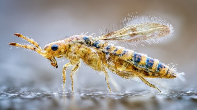 Macro photograph of a thrips specimen on a glass microscope slide under bright-field illumination