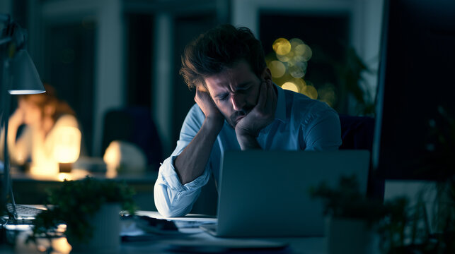 Corporate employee overwhelmed by endless deadlines, one man working in the office at night, stressed work, women stressed, working at night hard, later at home, working late, phot