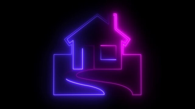 neon blue and pink color home icon animation black background.4k animation motion graphics video, motion graphic of neon home concept. 4k video .