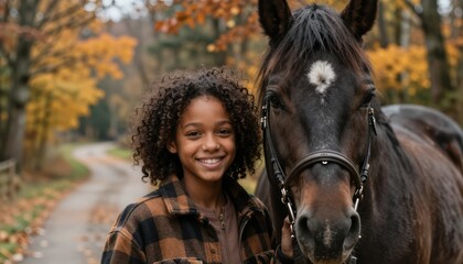 Fototapeta premium Girl with curly hair stands close to a black horse with white facial marking