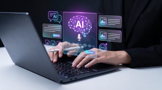 enterprise ai tools for content production and productivity, person working on laptop with virtual ai dashboard for automated copywriting visual generation and performance optimization