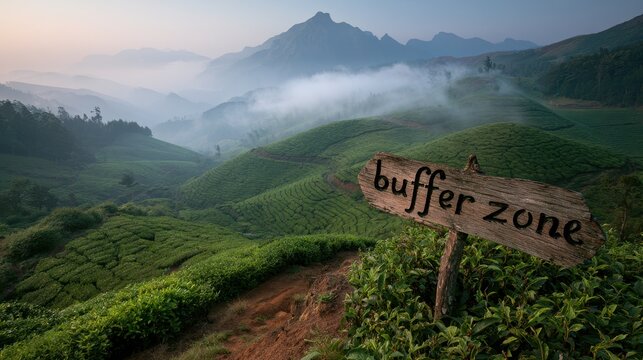 Scenic hilltop view of terraced tea gardens and a buffer zone sign in Munnar