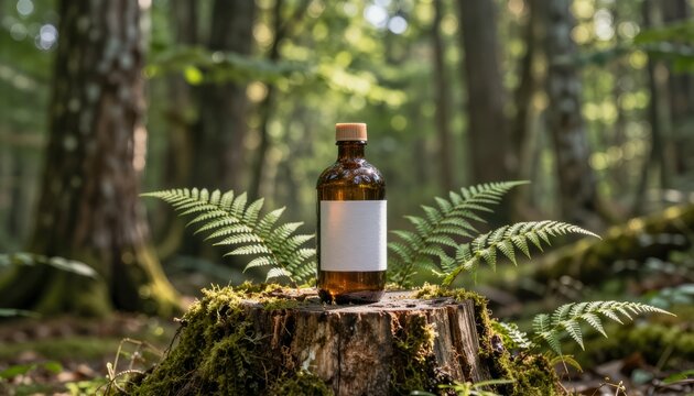 Glass bottle with cork cap on moss-covered stump