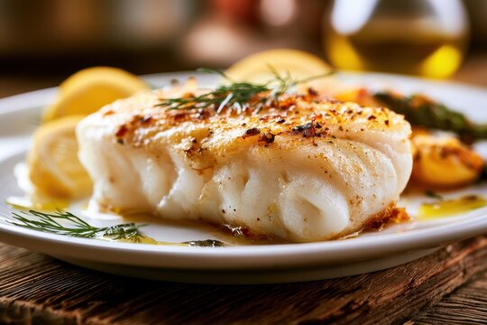 Warm kitchen scene featuring tender baked haddock with herbs and lemon