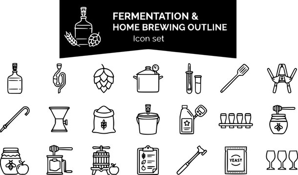 Fermentation and Home Brewing Outline Icon Set Vol 2 with Carboy, Airlock Bubbler, Hop Cone and Bottle Capper, 20 Icons Editable Strokes