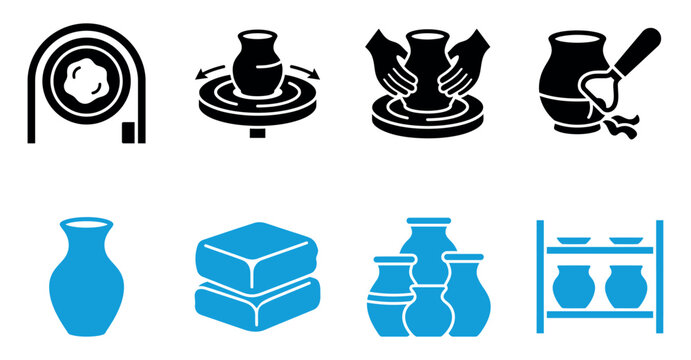 Set of pottery and ceramic craft icons representing clay art process and handmade vase storage collection Vector, illustration