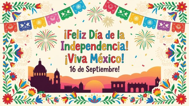 Festive Mexican Independence Day card with traditional floral patterns, fireworks, and colonial architecture.
