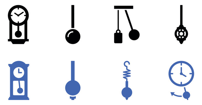 Set of simple black and blue pendulum clock icons and physics movement symbols for time measurement design Vector, illustration