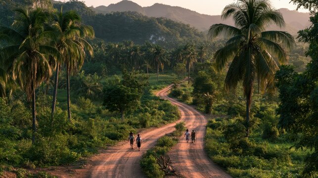 Winding Huastec road through lush tropical landscape with locals in traditional clothing