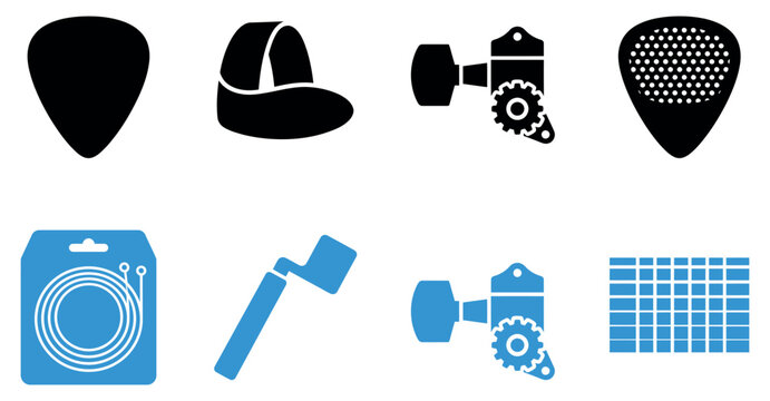 Set of guitar parts icons including picks strings and tuning pegs for musical instrument repair work Vector, illustration