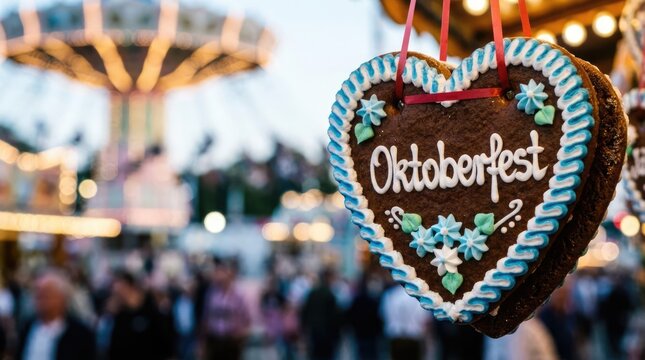 Oktoberfest gingerbread heart cookie with festive carnival background.