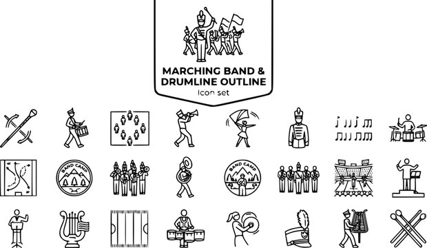 Marching Band and Drumline Outline Icon Set with Drum Major Baton, Color Guard Flag Spin, Sousaphone and Field Formation, 20 Icons Editable Strokes