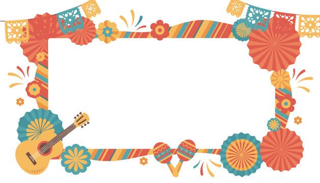 Rectangular decorative frame border featuring acoustic guitar, maracas, paper fans, and floral elements for festive mexican themed event invitations.