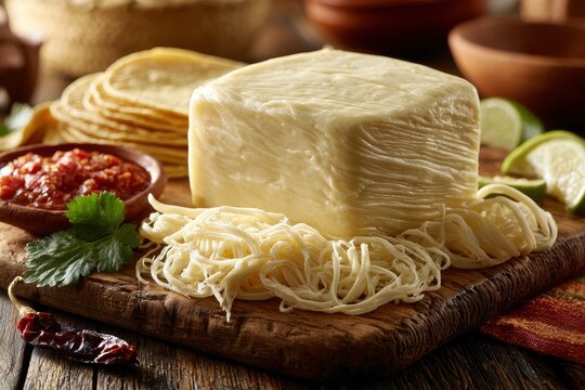 Quesillo cheese strings and warm corn tortillas on a sunlit board