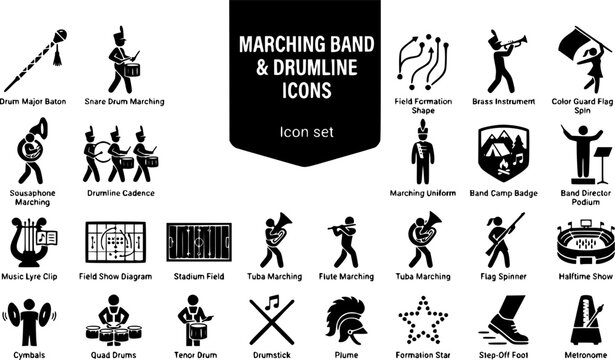 Marching Band and Drumline Silhouette Icon Set with Drum Major Baton, Color Guard Flag Spin, Sousaphone and Field Formation, 20 Icons for School Programs and Instrument Brands, Flat Vector
